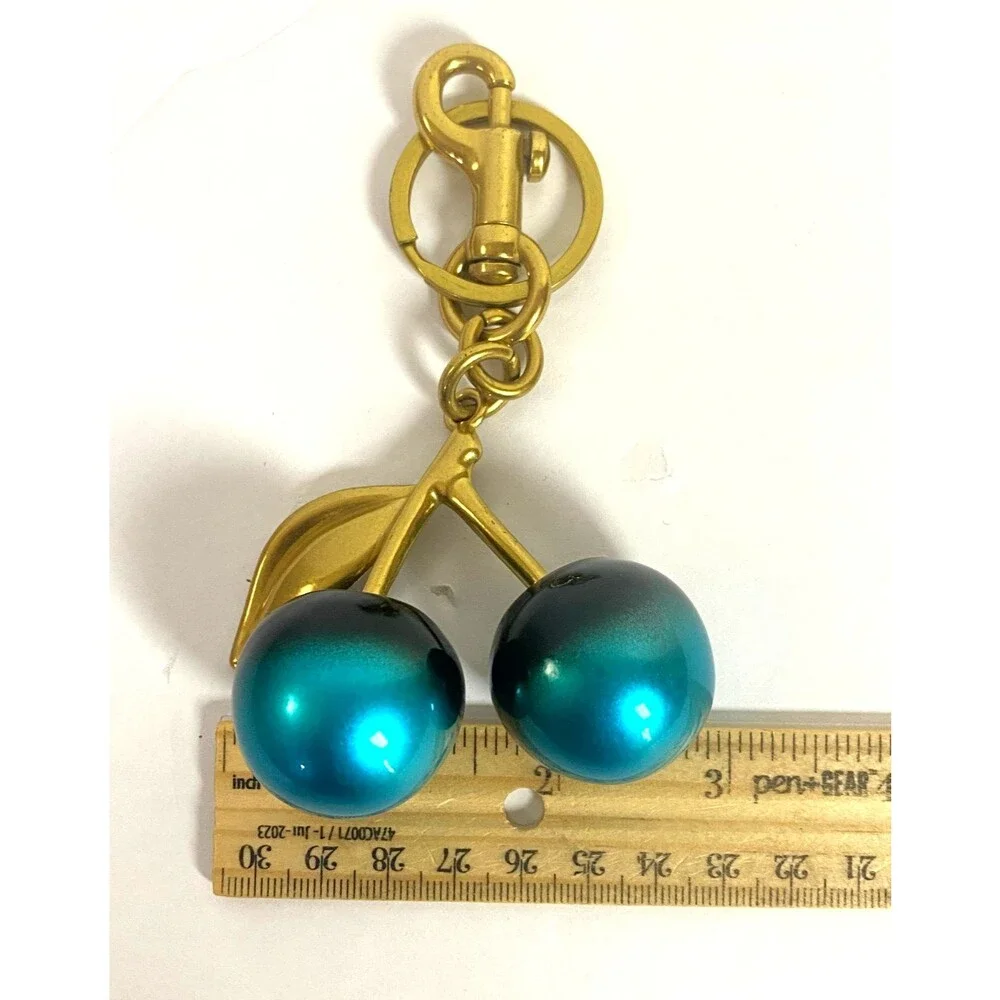 Ombre Teal Black Cherry Cherries Keychain Bag Charm Resin Gold Tone Metal